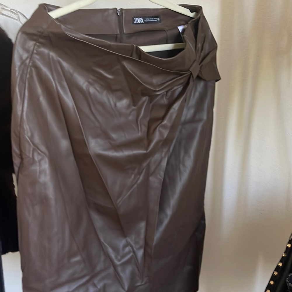 Brown leather skirt knee length Zara